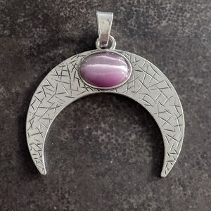 Silver Crescent Pendant with Purple Cats Eye Gemstone